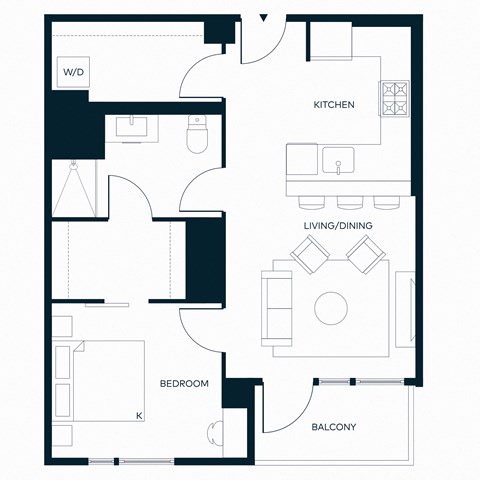 Floor plan for 1 bed, 1 bath, 715 sqft