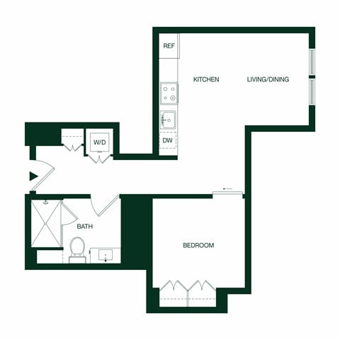 Floor plan for 1 bed, 1 bath, 582 sqft