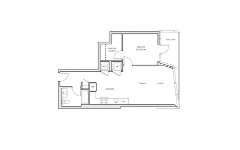 Floor plan for 1 bed, 1 bath, 743 sqft