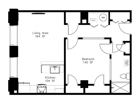 Floor plan for 1 bed, 1 bath, 662 sqft