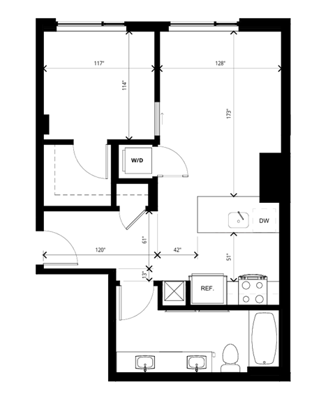 Floor plan for 1 bed, 1 bath, 600 sqft