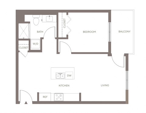 Floor plan for 1 bed, 1 bath, 635 sqft