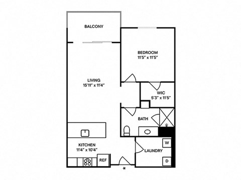 Floor plan for 1 bed, 1 bath, 717 sqft