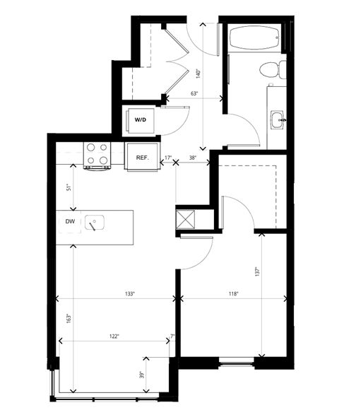 Floor plan for 1 bed, 1 bath, 673 sqft