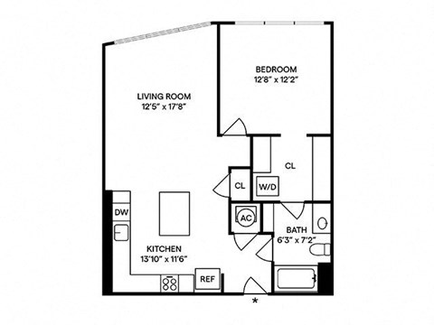 Floor plan for 1 bed, 1 bath, 798 sqft