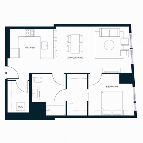 Floor plan for 1 bed, 1 bath, 764 sqft