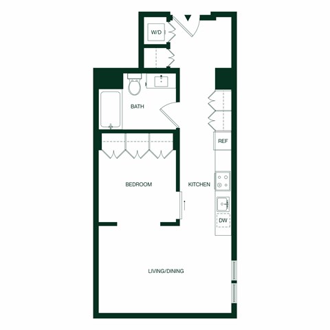 Floor plan for 1 bed, 1 bath, 589 sqft