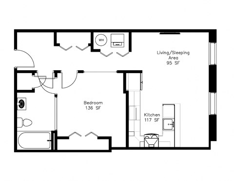 Floor plan for 1 bed, 1 bath, 679 sqft