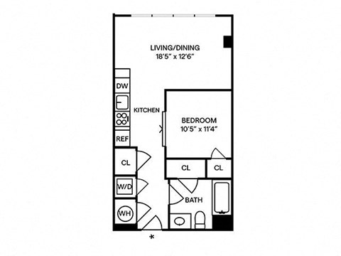 Floor plan for 1 bed, 1 bath, 638 sqft