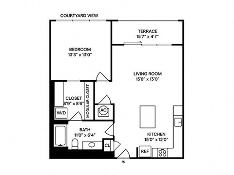 Floor plan for 1 bed, 1 bath, 838 sqft