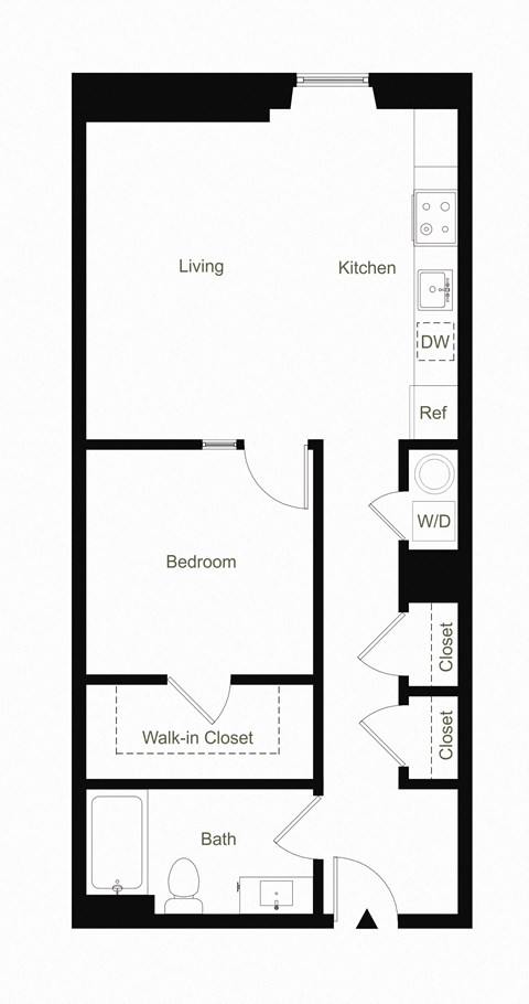 Floor plan for 1 bed, 1 bath, 669 sqft