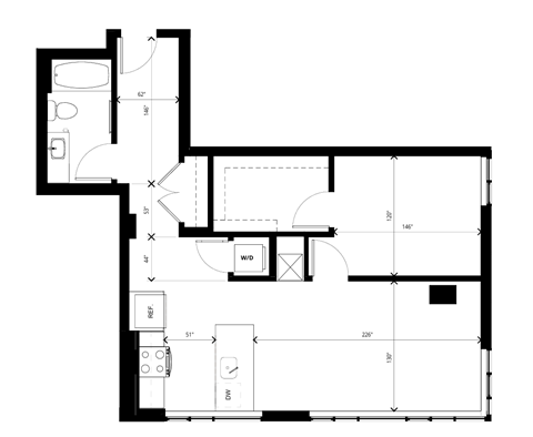 Floor plan for 1 bed, 1 bath, 806 sqft