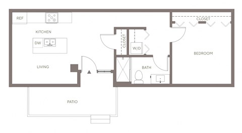 Floor plan for 1 bed, 1 bath, 714 sqft