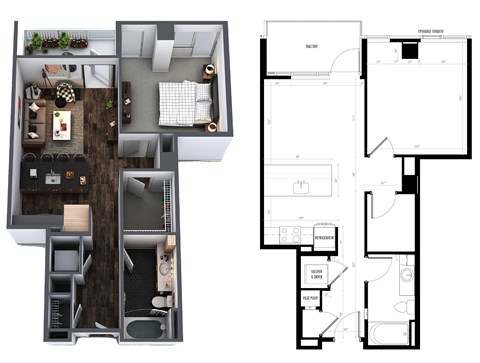 Floor plan for 1 bed, 1 bath, 726 sqft