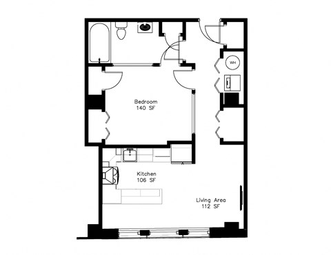 Floor plan for 1 bed, 1 bath, 684 sqft