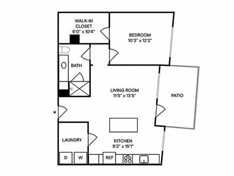 Floor plan for 1 bed, 1 bath, 729 sqft