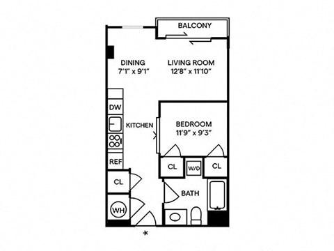 Floor plan for 1 bed, 1 bath, 644 sqft