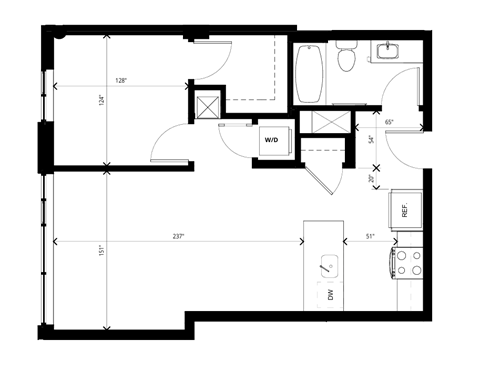 Floor plan for 1 bed, 1 bath, 707 sqft