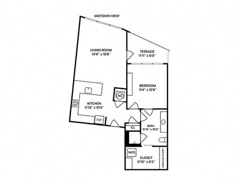 Floor plan for 1 bed, 1 bath, 844 sqft