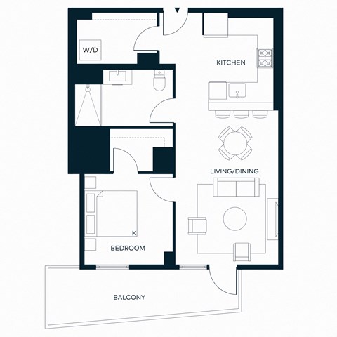 Floor plan for 1 bed, 1 bath, 761 sqft