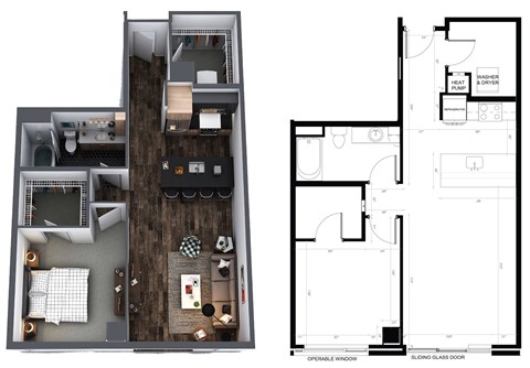 Floor plan for 1 bed, 1 bath, 795 sqft