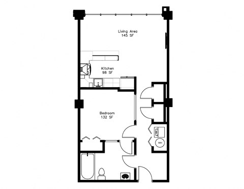 Floor plan for 1 bed, 1 bath, 687 sqft