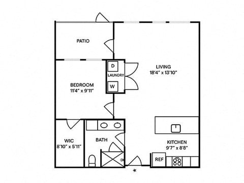 Floor plan for 1 bed, 1 bath, 761 sqft