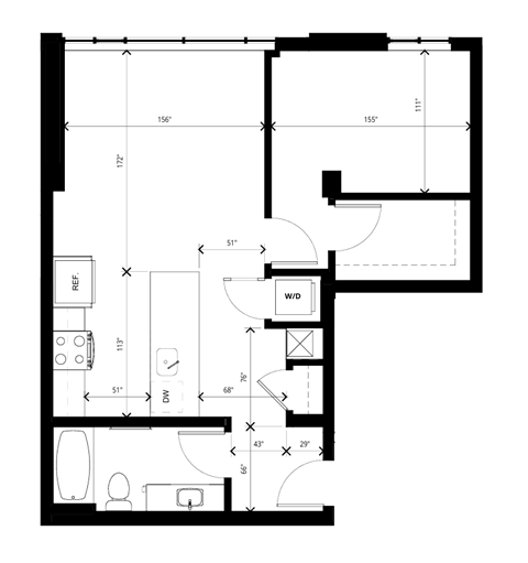 Floor plan for 1 bed, 1 bath, 734 sqft
