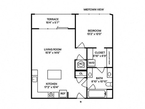 Floor plan for 1 bed, 1 bath, 860 sqft