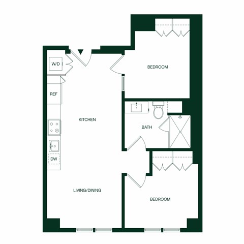Floor plan for 2 beds, 1 bath, 763 sqft
