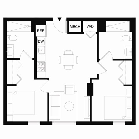 Floor plan for 2 beds, 2 baths, 841 sqft