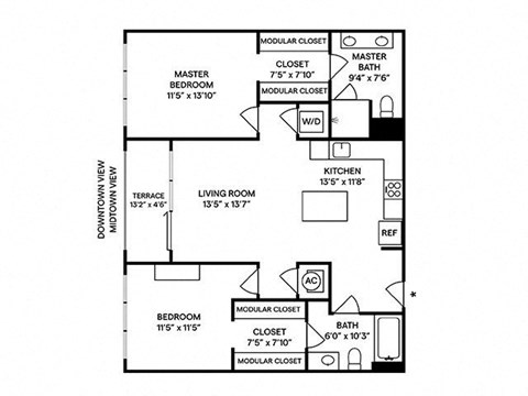 Floor plan for 2 beds, 2 baths, 1131 sqft
