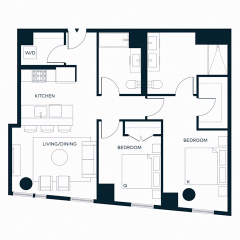 Floor plan for 2 beds, 2 baths, 1053 sqft