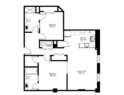 Floor plan for 2 beds, 2 baths, 1097 sqft