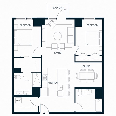 Floor plan for 2 beds, 2 baths, 1175 sqft