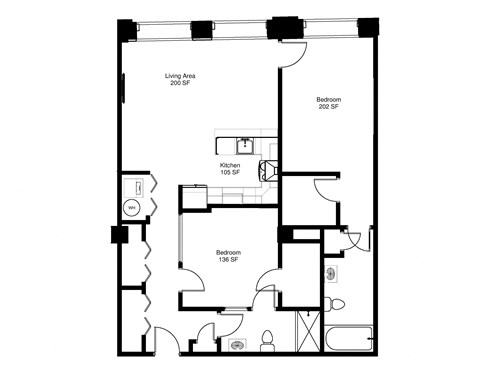 Floor plan for 2 beds, 2 baths, 1129 sqft