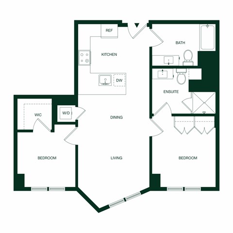 Floor plan for 2 beds, 2 baths, 930 sqft