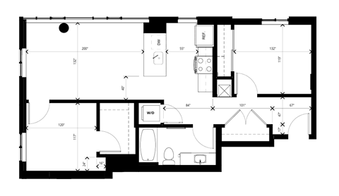 Floor plan for 2 beds, 1 bath, 854 sqft