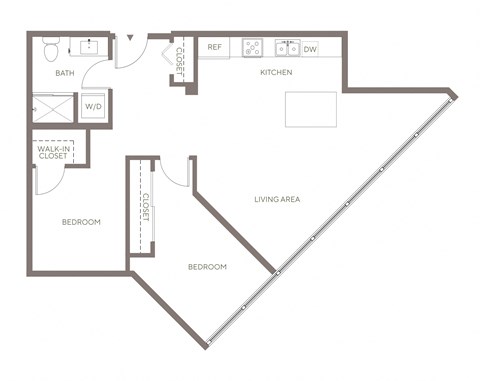 Floor plan for 2 beds, 1 bath, 842 sqft