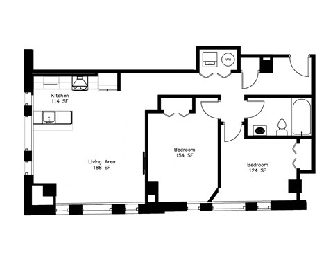 Floor plan for 2 beds, 1 bath, 940 sqft