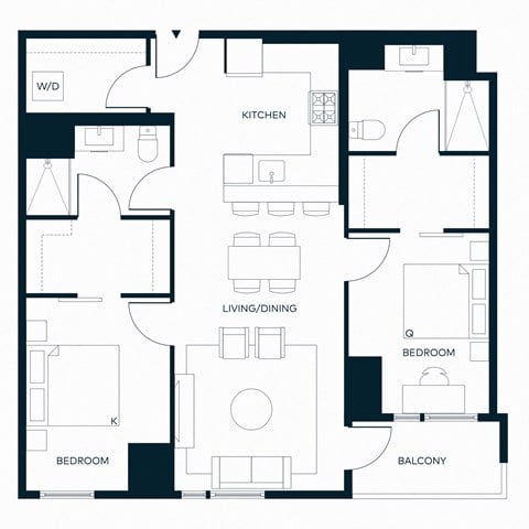 Floor plan for 2 beds, 2 baths, 1049 sqft