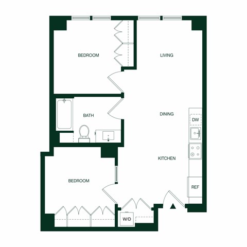 Floor plan for 2 beds, 1 bath, 773 sqft