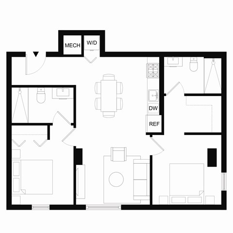 Floor plan for 2 beds, 2 baths, 989 sqft