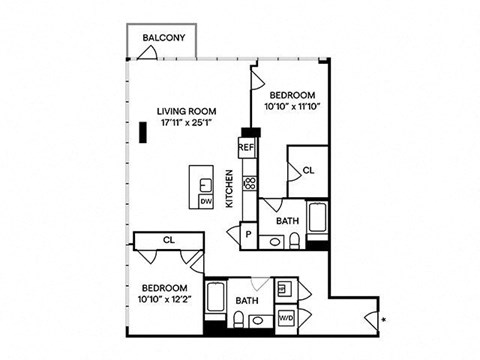 Floor plan for 2 beds, 2 baths, 1278 sqft