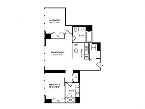 Floor plan for 2 beds, 2 baths, 1065 sqft