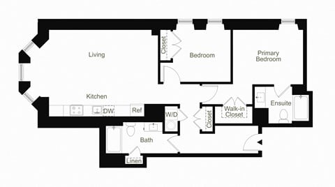 Floor plan for 2 beds, 2 baths, 999 sqft