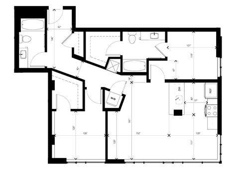Floor plan for 2 beds, 2 baths, 1077 sqft