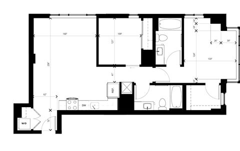 Floor plan for 2 beds, 2 baths, 953 sqft
