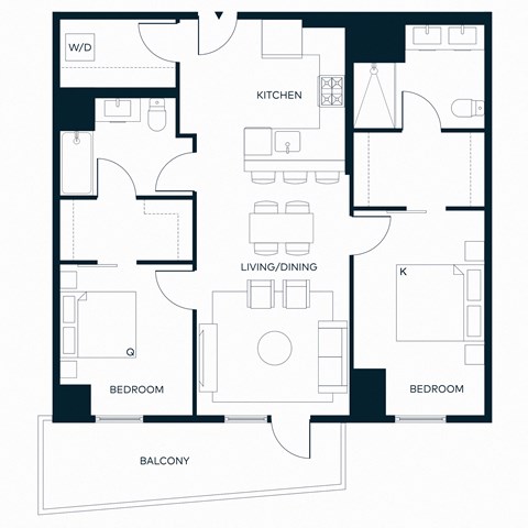 Floor plan for 2 beds, 2 baths, 1053 sqft