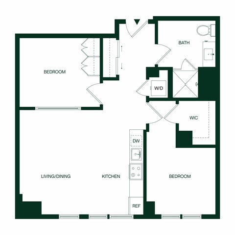 Floor plan for 2 beds, 1 bath, 814 sqft